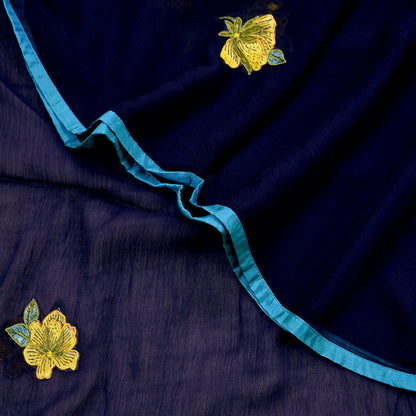 Indian Vintage Blue Dupatta Blend Chiffon Long Stole Embroidered Scarves Floral Design Stole Veil Wrap