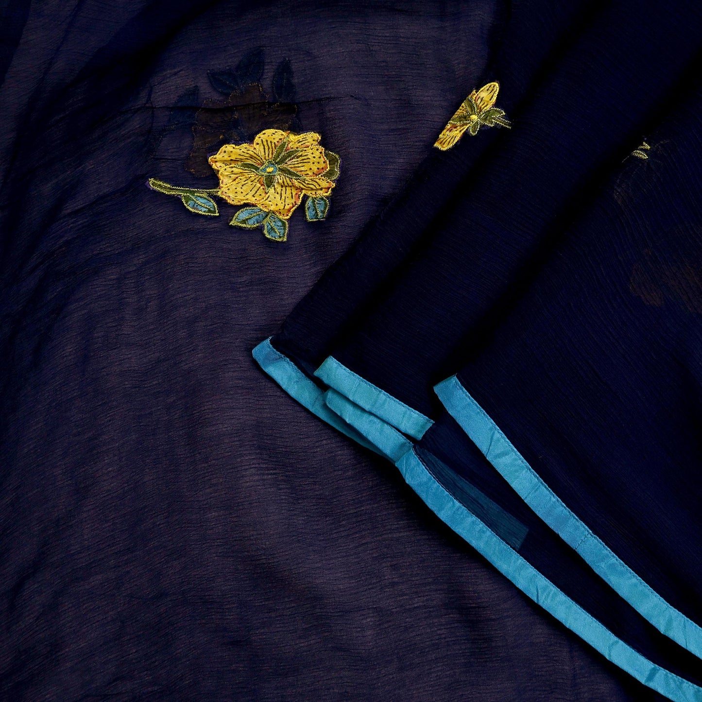 Indian Vintage Blue Dupatta Blend Chiffon Long Stole Embroidered Scarves Floral Design Stole Veil Wrap