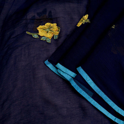 Indian Vintage Blue Dupatta Blend Chiffon Long Stole Embroidered Scarves Floral Design Stole Veil Wrap