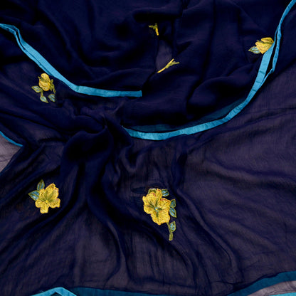 Indian Vintage Blue Dupatta Blend Chiffon Long Stole Embroidered Scarves Floral Design Stole Veil Wrap