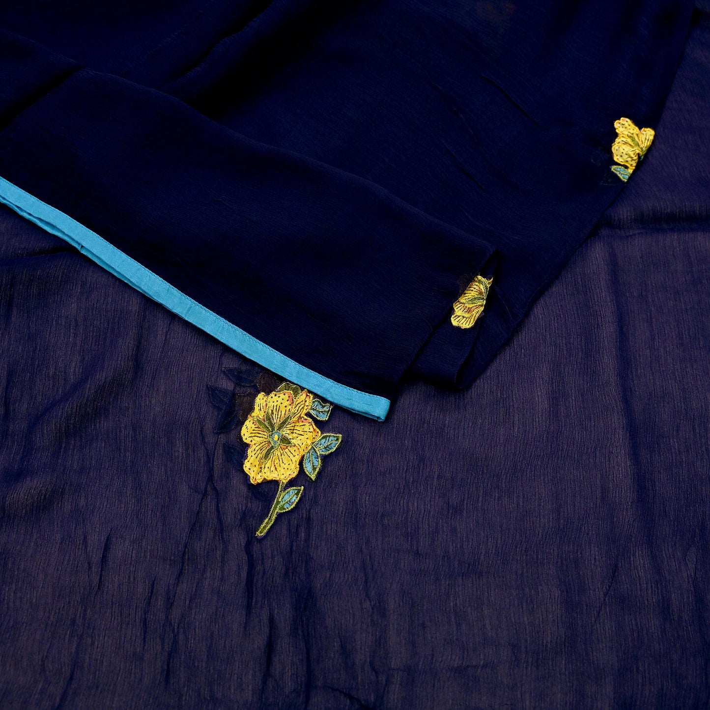 Indian Vintage Blue Dupatta Blend Chiffon Long Stole Embroidered Scarves Floral Design Stole Veil Wrap