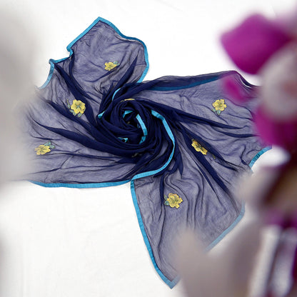 Indian Vintage Blue Dupatta Blend Chiffon Long Stole Embroidered Scarves Floral Design Stole Veil Wrap