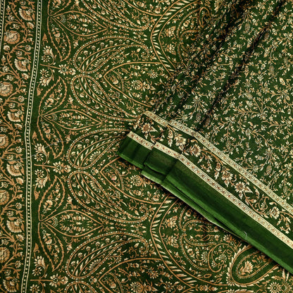 Indian Vintage Sari Beige & Green Pure Cotton Printed Sarees Craft Fabric Soft 5Yd Sarong Wrap Boho Fabric Kimono Quilting Crafting Upcycle