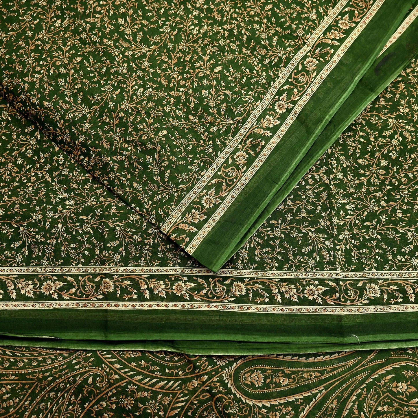 Indian Vintage Sari Beige & Green Pure Cotton Printed Sarees Craft Fabric Soft 5Yd Sarong Wrap Boho Fabric Kimono Quilting Crafting Upcycle