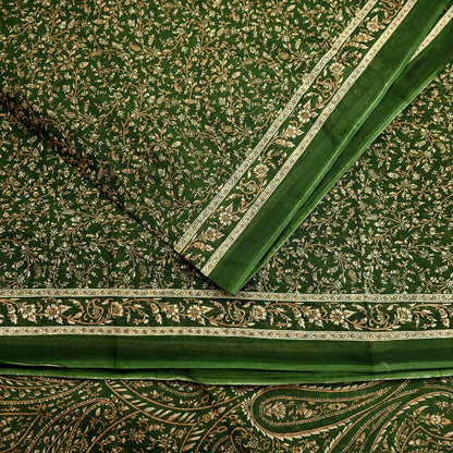 Indian Vintage Sari Beige & Green Pure Cotton Printed Sarees Craft Fabric Soft 5Yd Sarong Wrap Boho Fabric Kimono Quilting Crafting Upcycle