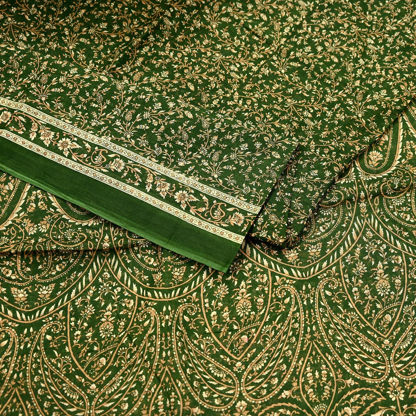 Indian Vintage Sari Beige & Green Pure Cotton Printed Sarees Craft Fabric Soft 5Yd Sarong Wrap Boho Fabric Kimono Quilting Crafting Upcycle