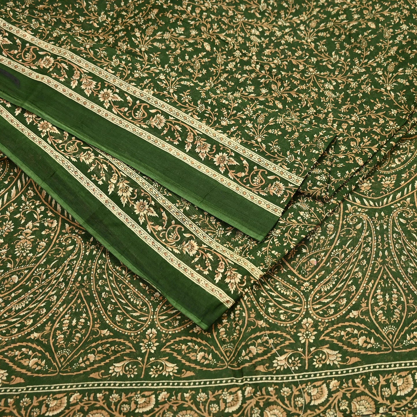 Indian Vintage Sari Beige & Green Pure Cotton Printed Sarees Craft Fabric Soft 5Yd Sarong Wrap Boho Fabric Kimono Quilting Crafting Upcycle