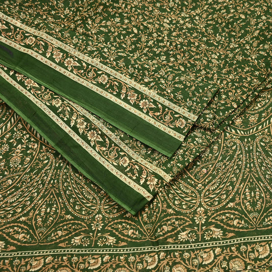 Indian Vintage Sari Beige & Green Pure Cotton Printed Sarees Craft Fabric Soft 5Yd Sarong Wrap Boho Fabric Kimono Quilting Crafting Upcycle