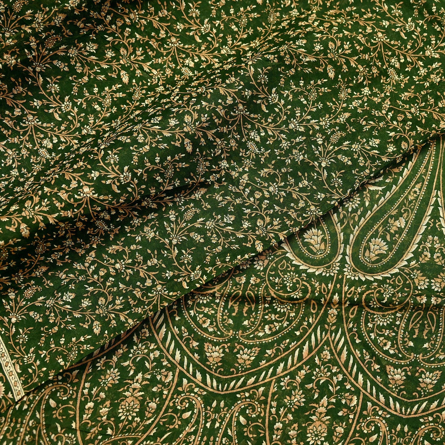 Indian Vintage Sari Beige & Green Pure Cotton Printed Sarees Craft Fabric Soft 5Yd Sarong Wrap Boho Fabric Kimono Quilting Crafting Upcycle