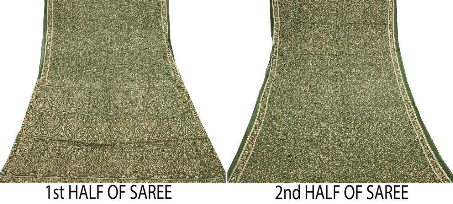 Indian Vintage Sari Beige & Green Pure Cotton Printed Sarees Craft Fabric Soft 5Yd Sarong Wrap Boho Fabric Kimono Quilting Crafting Upcycle