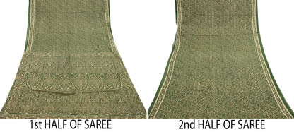 Indian Vintage Sari Beige & Green Pure Cotton Printed Sarees Craft Fabric Soft 5Yd Sarong Wrap Boho Fabric Kimono Quilting Crafting Upcycle