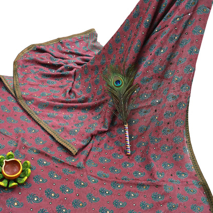 Indian Vintage Saree Pink Hand Embroidered Printed Blend Silk Sari Fabric 6Yd Ethnic Paisley Ethnic Dress making Crafting Quilting Upcycle