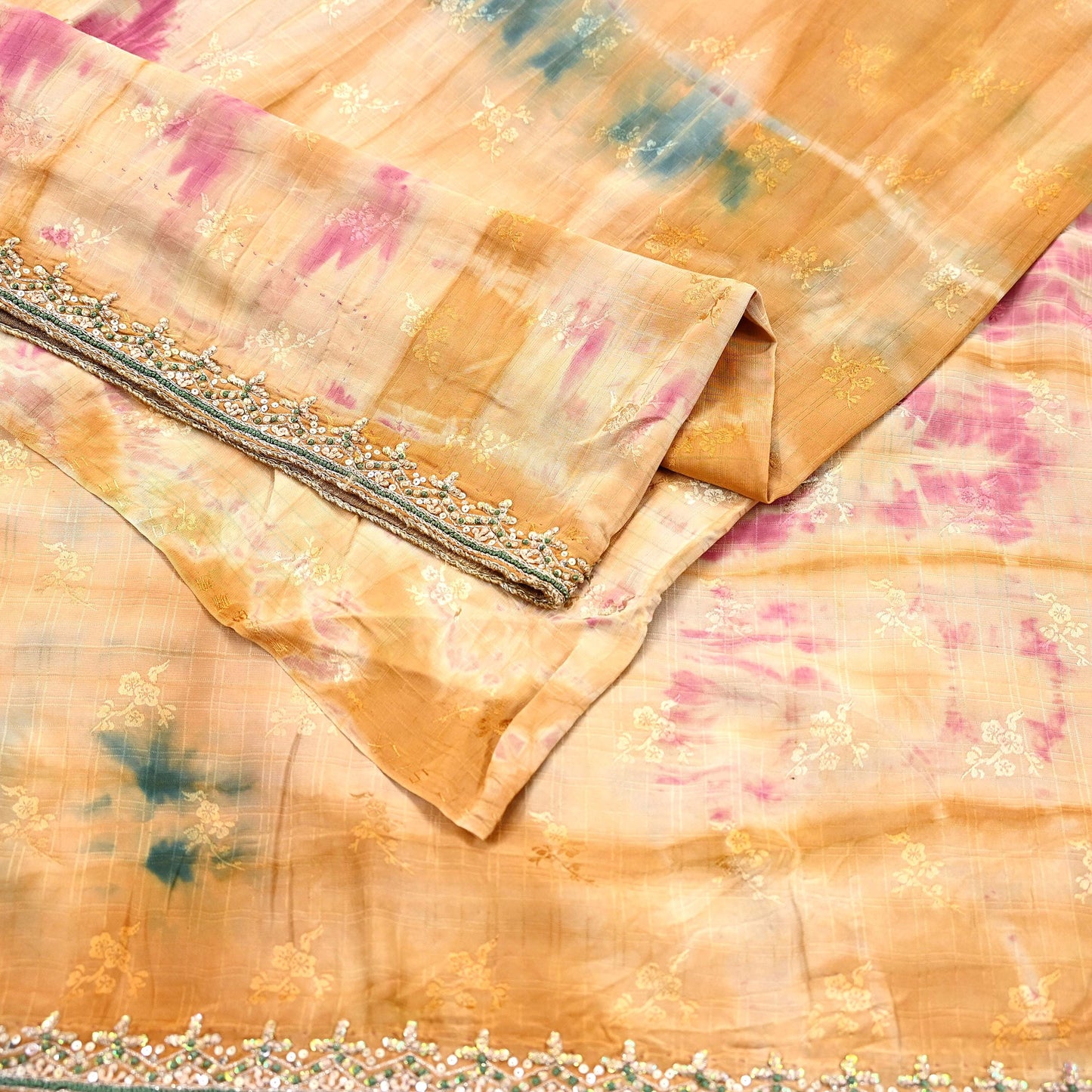 Indian Vintage Saree Multi Pure Crepe Silk Hand Embroidered Tie-Dye Sari Fabric 5yard Sewing Craft Fabric Ethnic Dressmaking Crafting