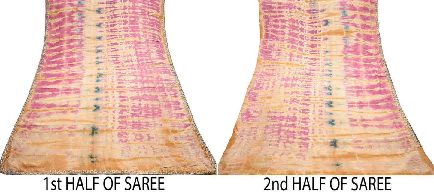Indian Vintage Saree Multi Pure Crepe Silk Hand Embroidered Tie-Dye Sari Fabric 5yard Sewing Craft Fabric Ethnic Dressmaking Crafting