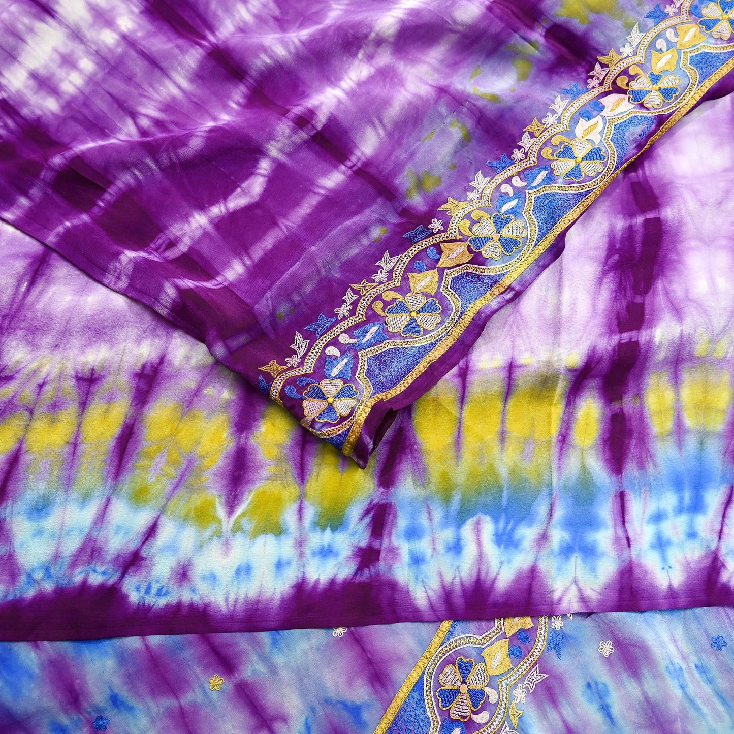 Indian Vintage Blue & Purple Saree Pure Crepe Silk Hand Embroidered Tie-Dye Sari Fabric 5yard Craft Ethnic Zardozi