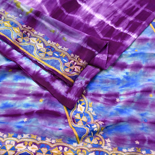 Indian Vintage Blue & Purple Saree Pure Crepe Silk Hand Embroidered Tie-Dye Sari Fabric 5yard Craft Ethnic Zardozi
