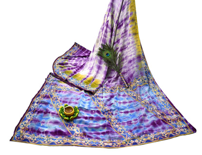 Indian Vintage Blue & Purple Saree Pure Crepe Silk Hand Embroidered Tie-Dye Sari Fabric 5yard Craft Ethnic Zardozi