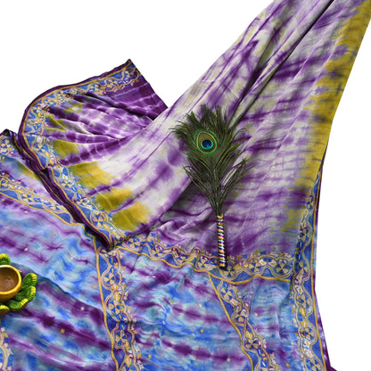 Indian Vintage Blue & Purple Saree Pure Crepe Silk Hand Embroidered Tie-Dye Sari Fabric 5yard Craft Ethnic Zardozi