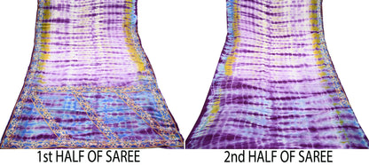 Indian Vintage Blue & Purple Saree Pure Crepe Silk Hand Embroidered Tie-Dye Sari Fabric 5yard Craft Ethnic Zardozi