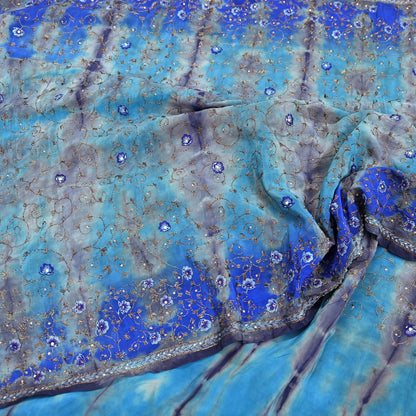 Indian Vintage Saree Pure Crepe Silk Hand Embroidered Tie-Dye Sari Fabric 5yard Sewing Craft Fabric Ethnic Dressmaking Crafting Zardozi Zari