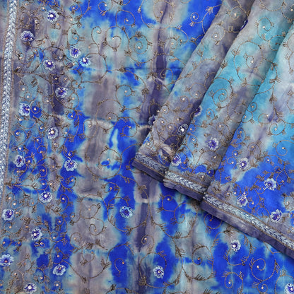 Indian Vintage Saree Pure Crepe Silk Hand Embroidered Tie-Dye Sari Fabric 5yard Sewing Craft Fabric Ethnic Dressmaking Crafting Zardozi Zari