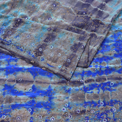 Indian Vintage Saree Pure Crepe Silk Hand Embroidered Tie-Dye Sari Fabric 5yard Sewing Craft Fabric Ethnic Dressmaking Crafting Zardozi Zari