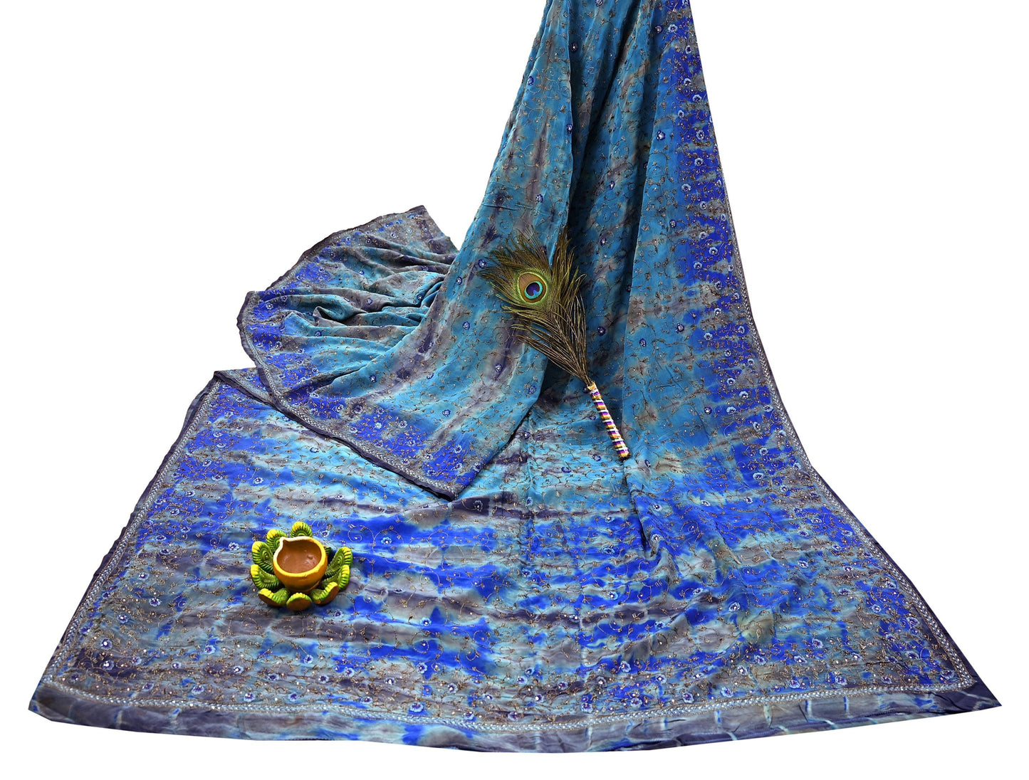 Indian Vintage Saree Pure Crepe Silk Hand Embroidered Tie-Dye Sari Fabric 5yard Sewing Craft Fabric Ethnic Dressmaking Crafting Zardozi Zari