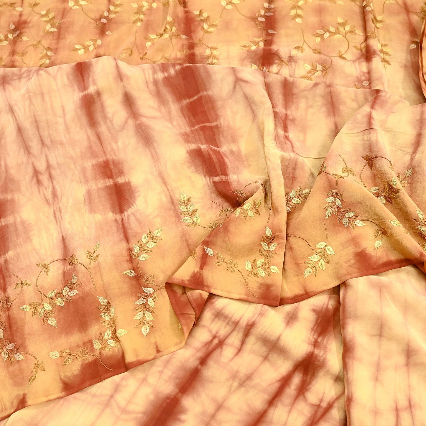 Indian Vintage Saree Pure Crepe Silk Tie-Dye Embroidered Sari Fabric 5yard Sewing Floral Soft Zari