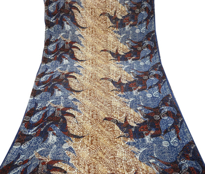 Indian Women Vintage Sari Blue & Brown 100% Pure Georgette Silk Printed Saree Sewing 5yd Soft Craft Fabric Dress Making Dress Designing