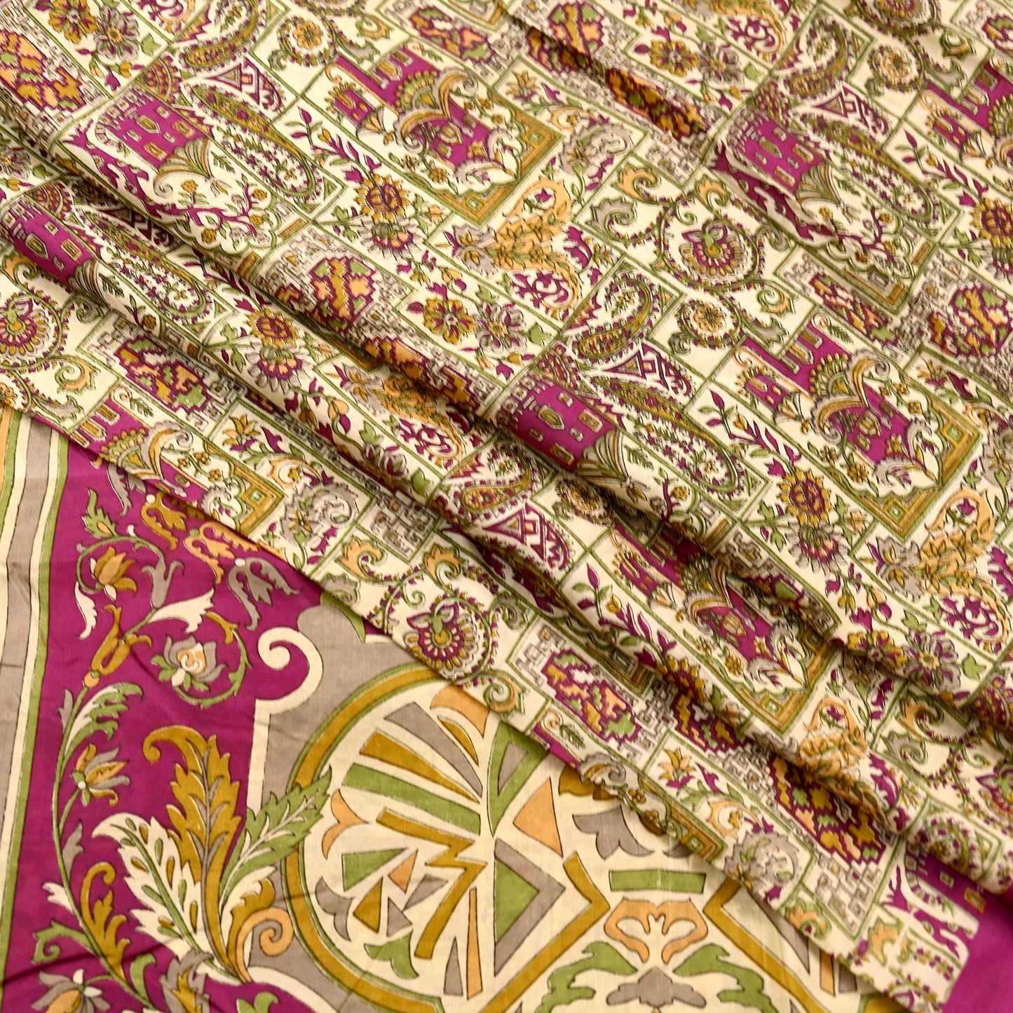 Indian Vintage Beige & Purple Pure Silk Printed Saree 5Yards Soft Floral Fabric for Dressmaking, Quilting, Crafting, Sewing, Dress Making