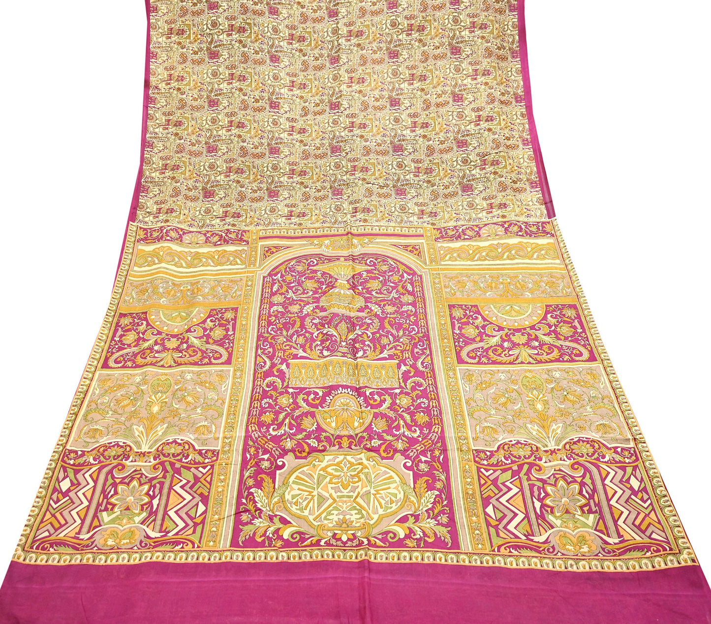 Indian Vintage Beige & Purple Pure Silk Printed Saree 5Yards Soft Floral Fabric for Dressmaking, Quilting, Crafting, Sewing, Dress Making