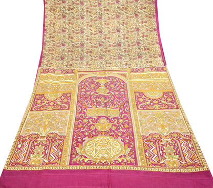 Indian Vintage Beige & Purple Pure Silk Printed Saree 5Yards Soft Floral Fabric for Dressmaking, Quilting, Crafting, Sewing, Dress Making