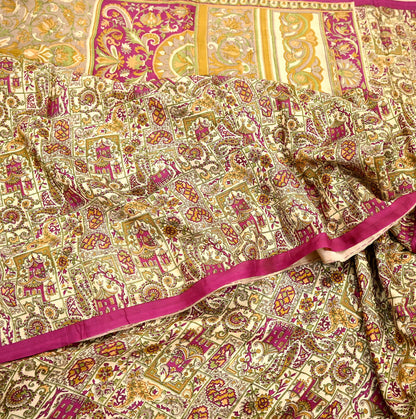 Indian Vintage Beige & Purple Pure Silk Printed Saree 5Yards Soft Floral Fabric for Dressmaking, Quilting, Crafting, Sewing, Dress Making