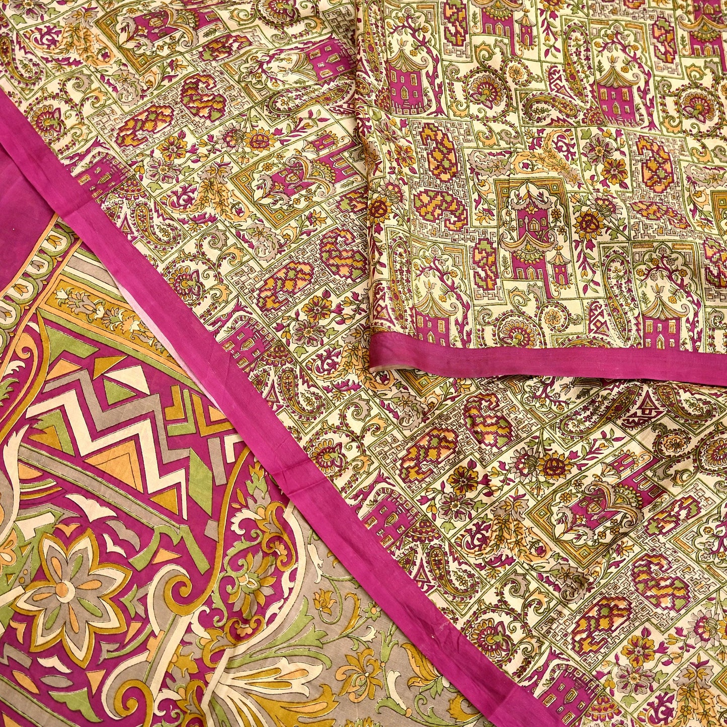Indian Vintage Beige & Purple Pure Silk Printed Saree 5Yards Soft Floral Fabric for Dressmaking, Quilting, Crafting, Sewing, Dress Making