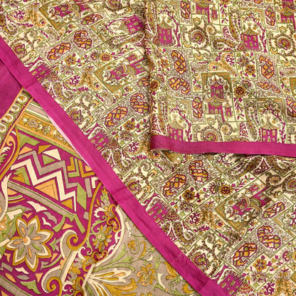 Indian Vintage Beige & Purple Pure Silk Printed Saree 5Yards Soft Floral Fabric for Dressmaking, Quilting, Crafting, Sewing, Dress Making