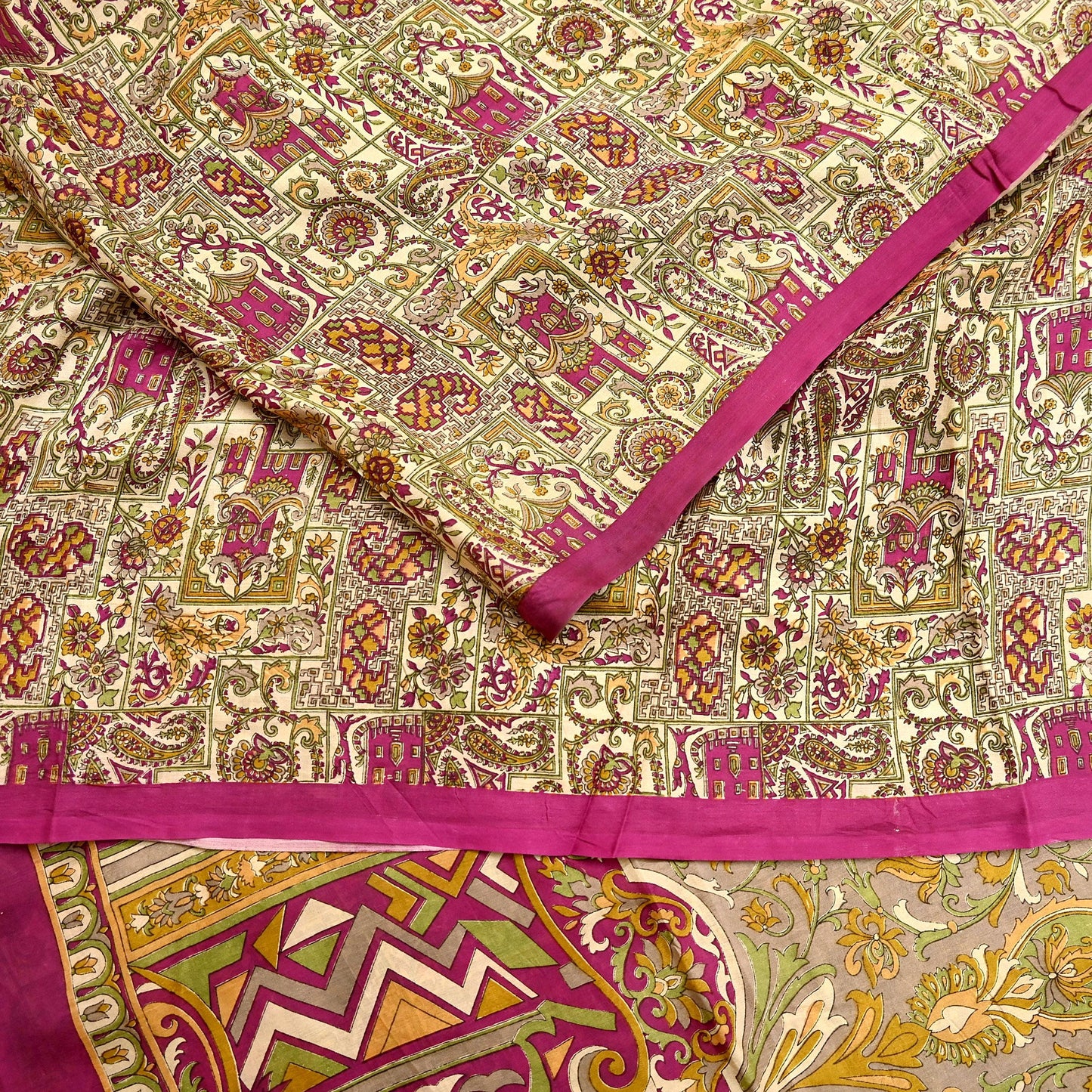Indian Vintage Beige & Purple Pure Silk Printed Saree 5Yards Soft Floral Fabric for Dressmaking, Quilting, Crafting, Sewing, Dress Making