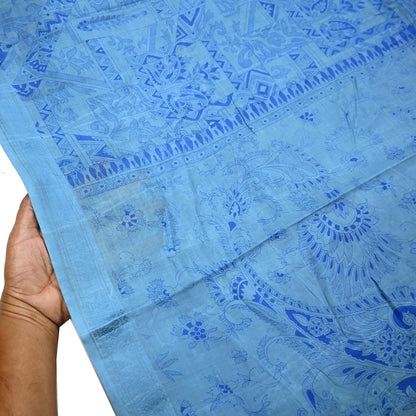 Indian Vintage Sari Blue Pure Silk Printed Saree 6yard Sewing Craft Fabric DressMaking Wrap Floral