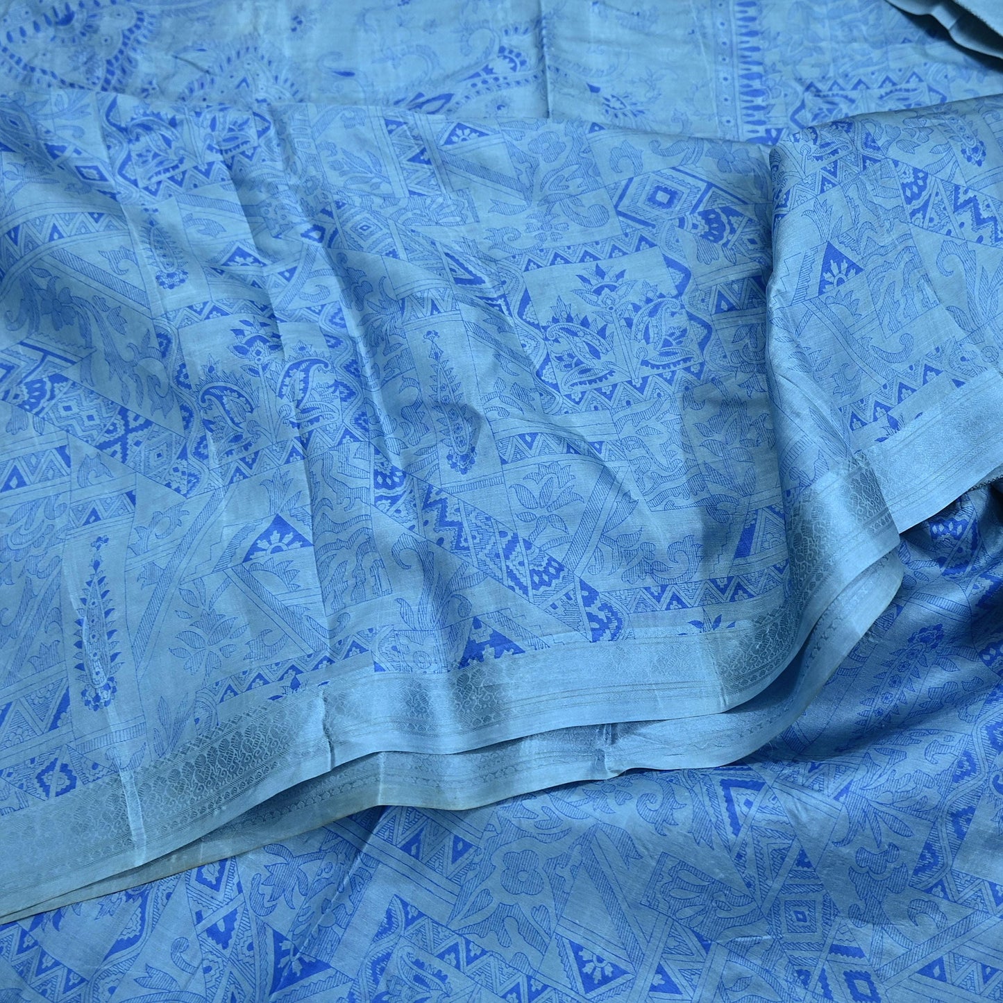 Indian Vintage Sari Blue Pure Silk Printed Saree 6yard Sewing Craft Fabric DressMaking Wrap Floral