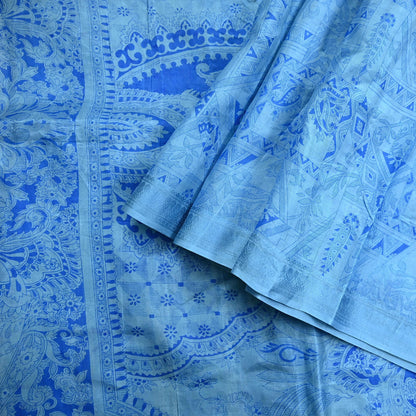 Indian Vintage Sari Blue Pure Silk Printed Saree 6yard Sewing Craft Fabric DressMaking Wrap Floral