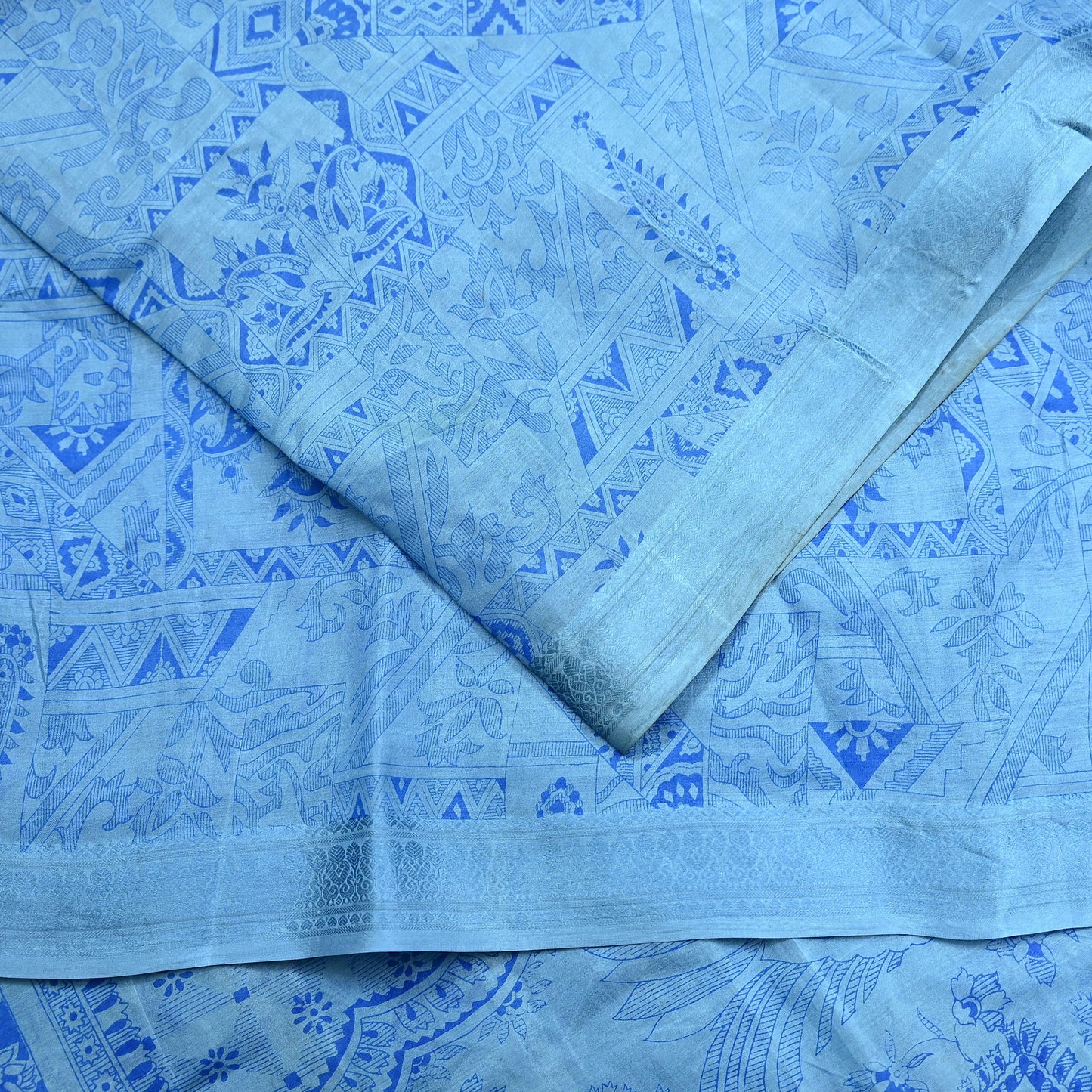 Indian Vintage Sari Blue Pure Silk Printed Saree 6yard Sewing Craft Fabric DressMaking Wrap Floral