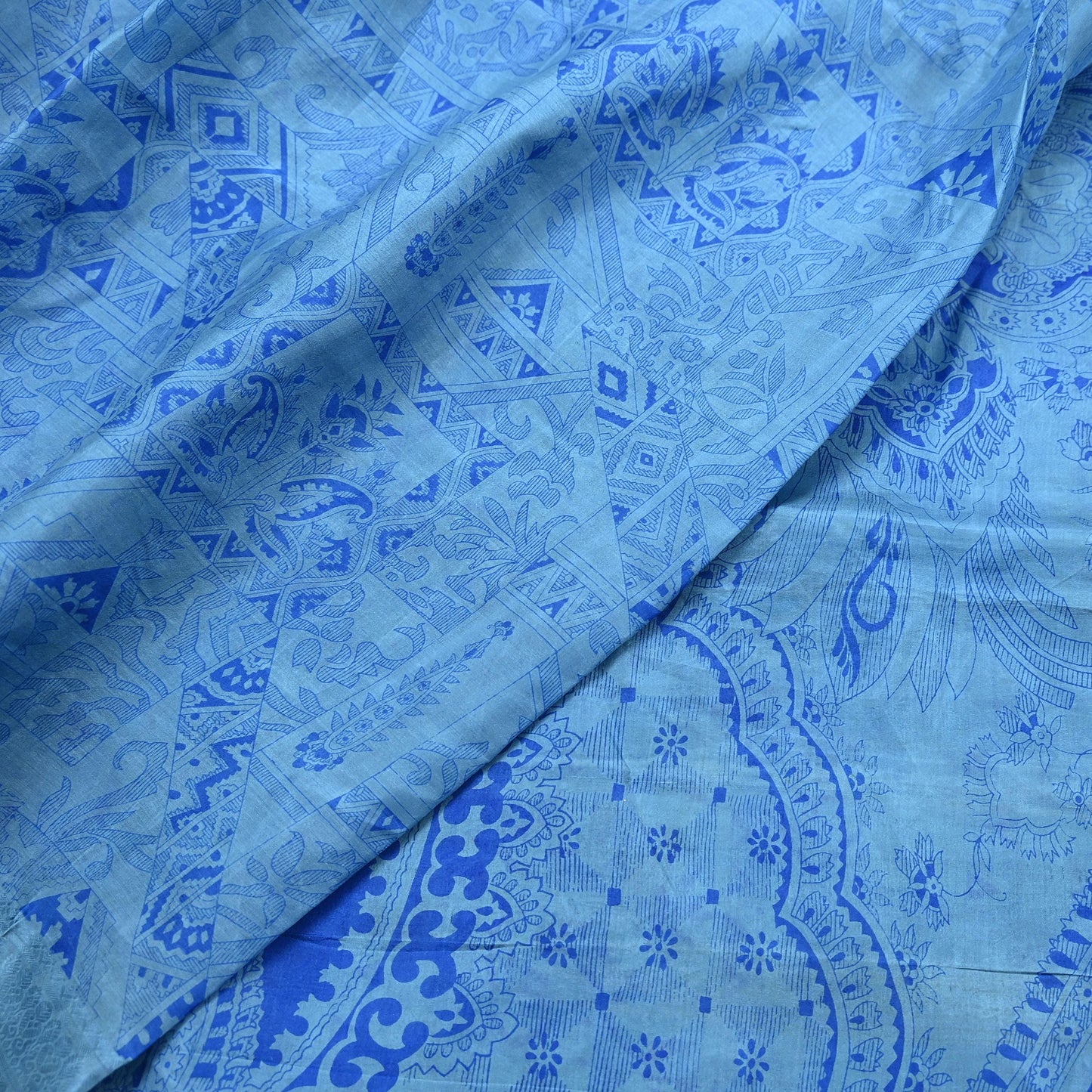 Indian Vintage Sari Blue Pure Silk Printed Saree 6yard Sewing Craft Fabric DressMaking Wrap Floral