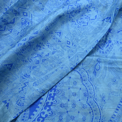 Indian Vintage Sari Blue Pure Silk Printed Saree 6yard Sewing Craft Fabric DressMaking Wrap Floral
