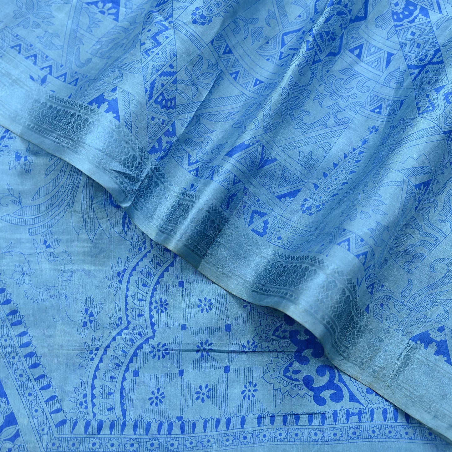 Indian Vintage Sari Blue Pure Silk Printed Saree 6yard Sewing Craft Fabric DressMaking Wrap Floral