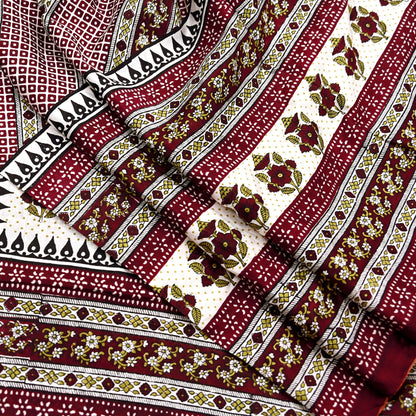 Indian Vintage Sari Maroon & Ivory 100% Pure Silk Printed Sarees 5yd Craft Fabric Sewing Dress Making Floral Quilting Crafting Upcycle Used