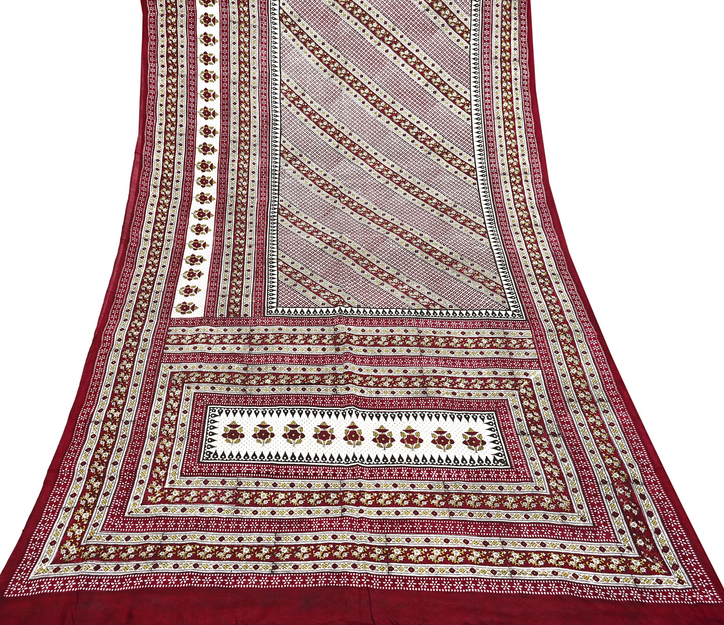 Indian Vintage Sari Maroon & Ivory 100% Pure Silk Printed Sarees 5yd Craft Fabric Sewing Dress Making Floral Quilting Crafting Upcycle Used
