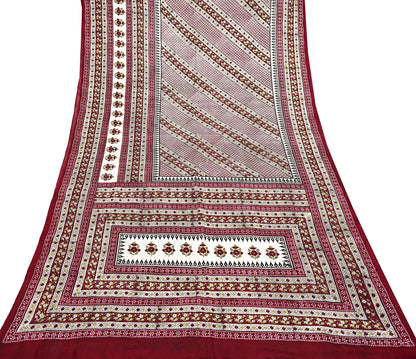 Indian Vintage Sari Maroon & Ivory 100% Pure Silk Printed Sarees 5yd Craft Fabric Sewing Dress Making Floral Quilting Crafting Upcycle Used