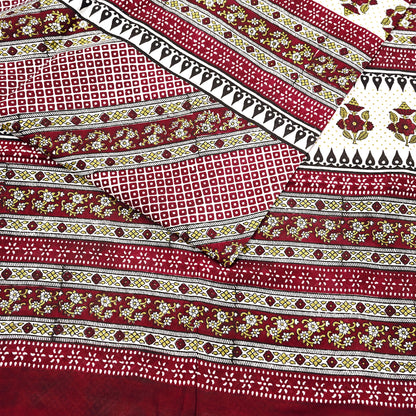 Indian Vintage Sari Maroon & Ivory 100% Pure Silk Printed Sarees 5yd Craft Fabric Sewing Dress Making Floral Quilting Crafting Upcycle Used