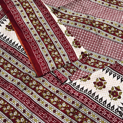 Indian Vintage Sari Maroon & Ivory 100% Pure Silk Printed Sarees 5yd Craft Fabric Sewing Dress Making Floral Quilting Crafting Upcycle Used