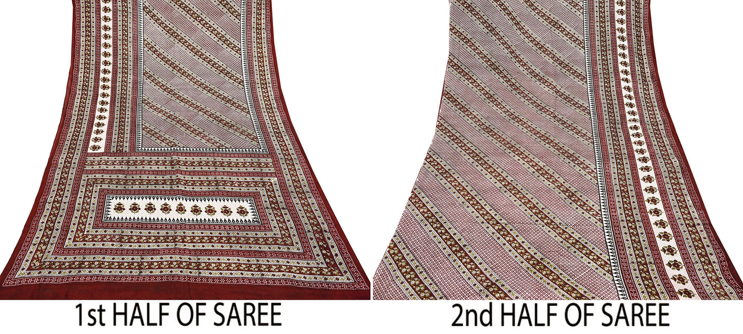 Indian Vintage Sari Maroon & Ivory 100% Pure Silk Printed Sarees 5yd Craft Fabric Sewing Dress Making Floral Quilting Crafting Upcycle Used