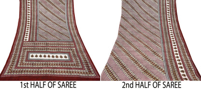 Indian Vintage Sari Maroon & Ivory 100% Pure Silk Printed Sarees 5yd Craft Fabric Sewing Dress Making Floral Quilting Crafting Upcycle Used